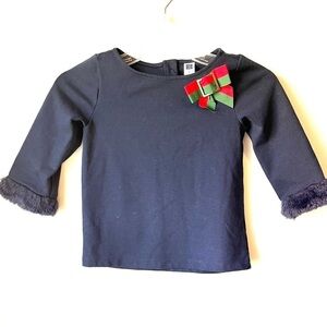Janie and Jack Navy Top with Faux Fur and Holiday Bow